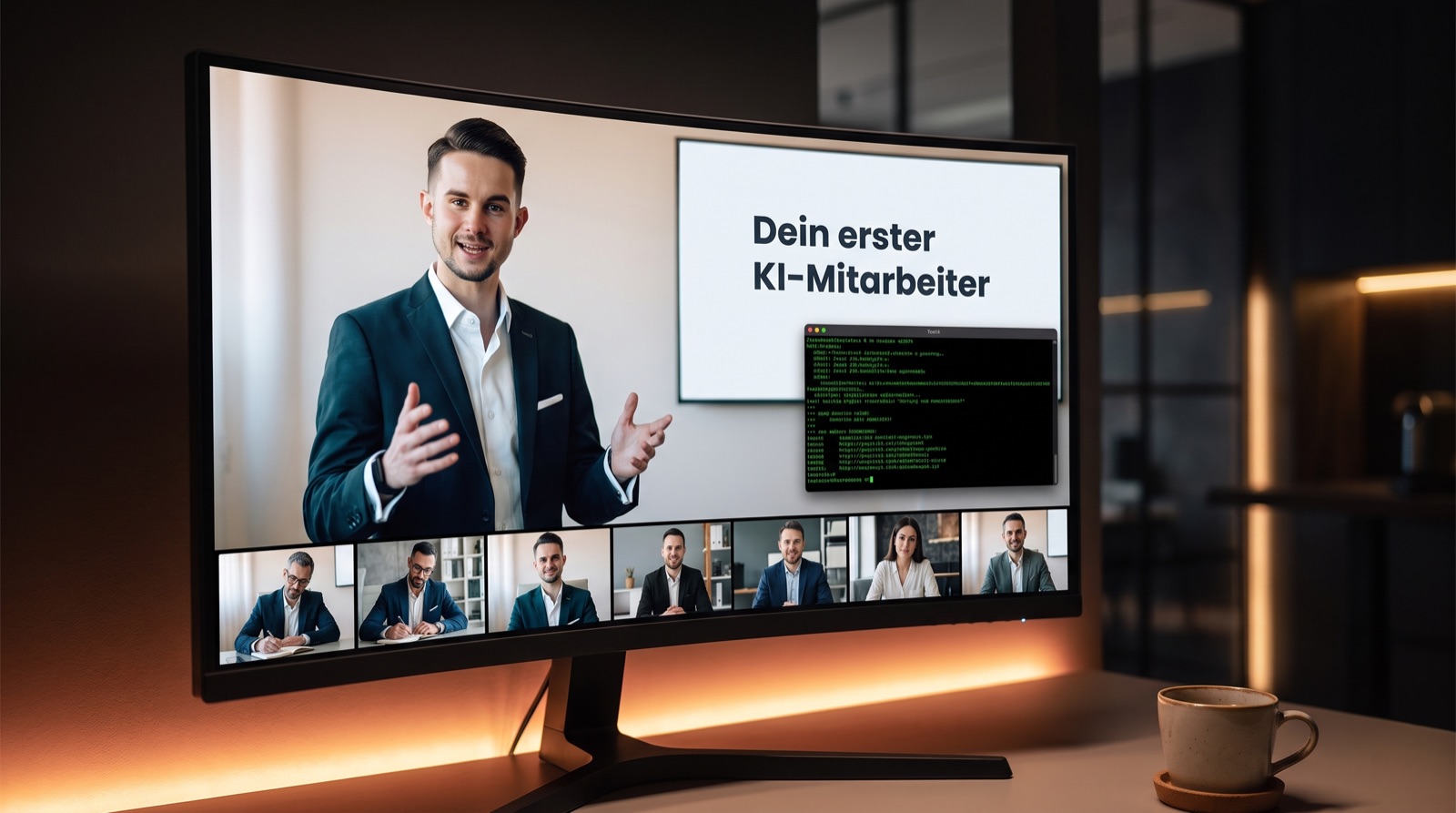 Bildschirm mit Luca im Zoom-Call, daneben die Folie Dein erster KI-Mitarbeiter und ein Terminal, unten die Kacheln der Teilnehmer