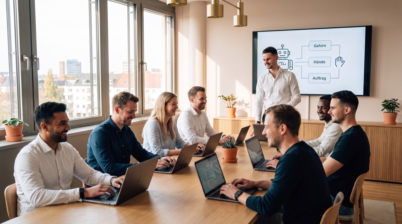 Luca schult ein Team am Konferenztisch, alle bauen am Laptop mit, auf dem Bildschirm stehen Gehirn, Hände und Auftrag